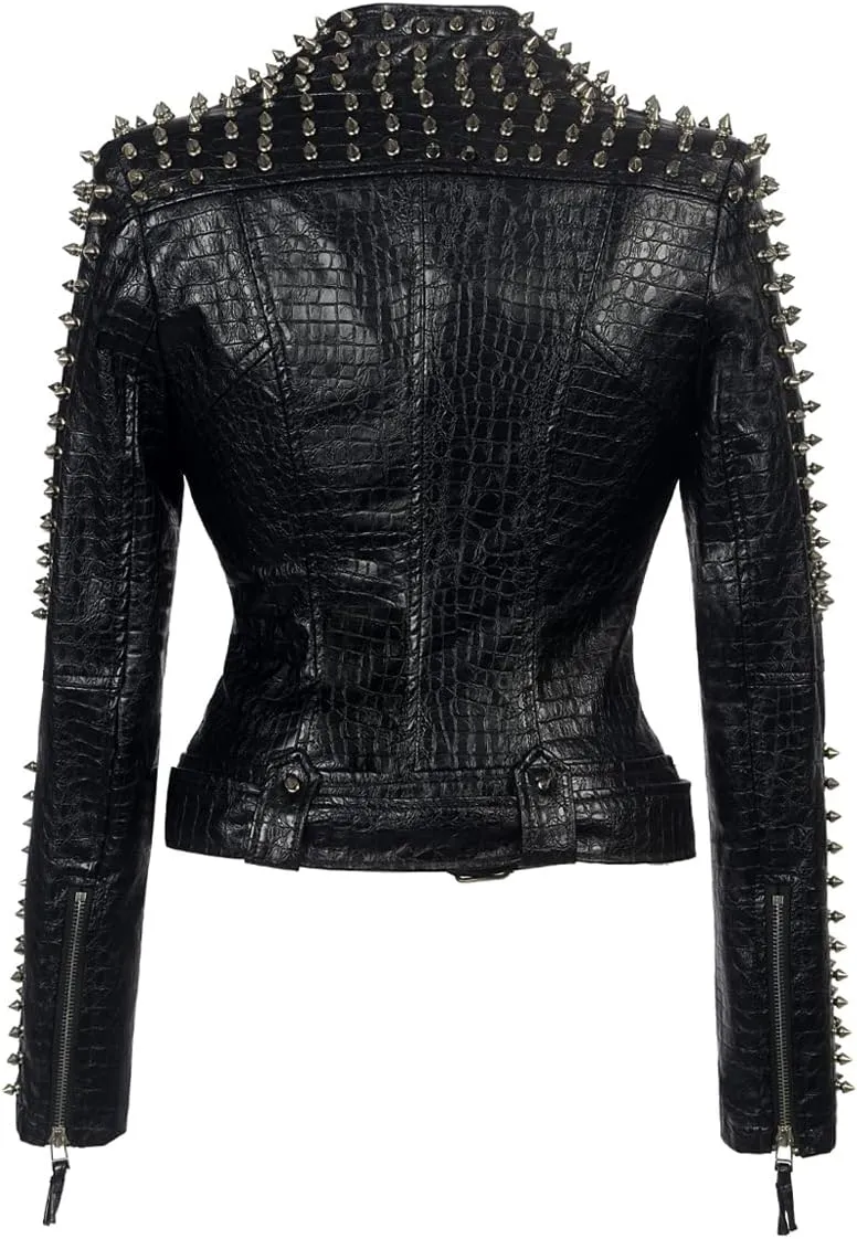 Fashion SX Women's Punk Studded Rivet Faux Leather Motorcycle Short Jacket