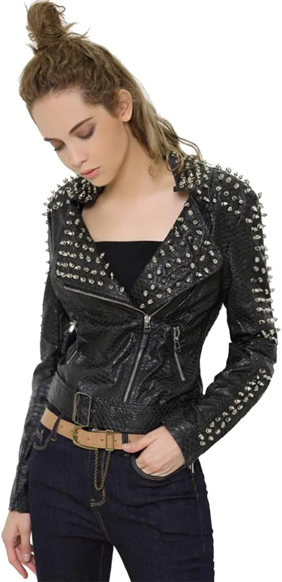 Fashion SX Women's Punk Studded Rivet Faux Leather Motorcycle Short Jacket