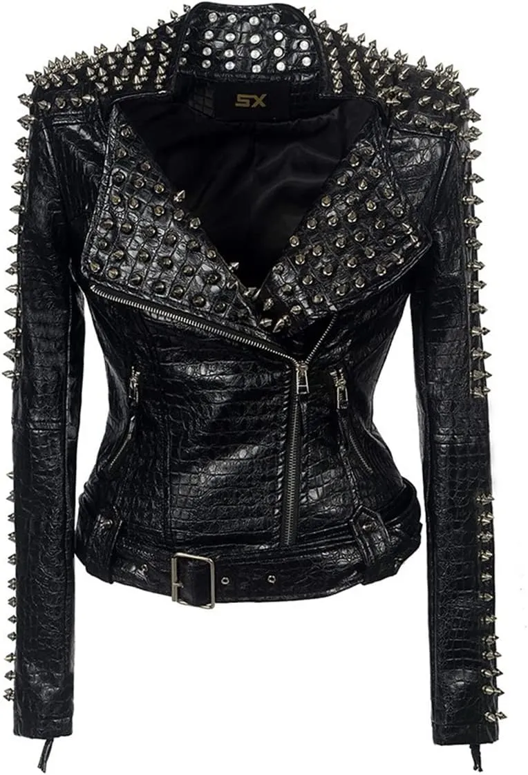 Fashion SX Women's Punk Studded Rivet Faux Leather Motorcycle Short Jacket