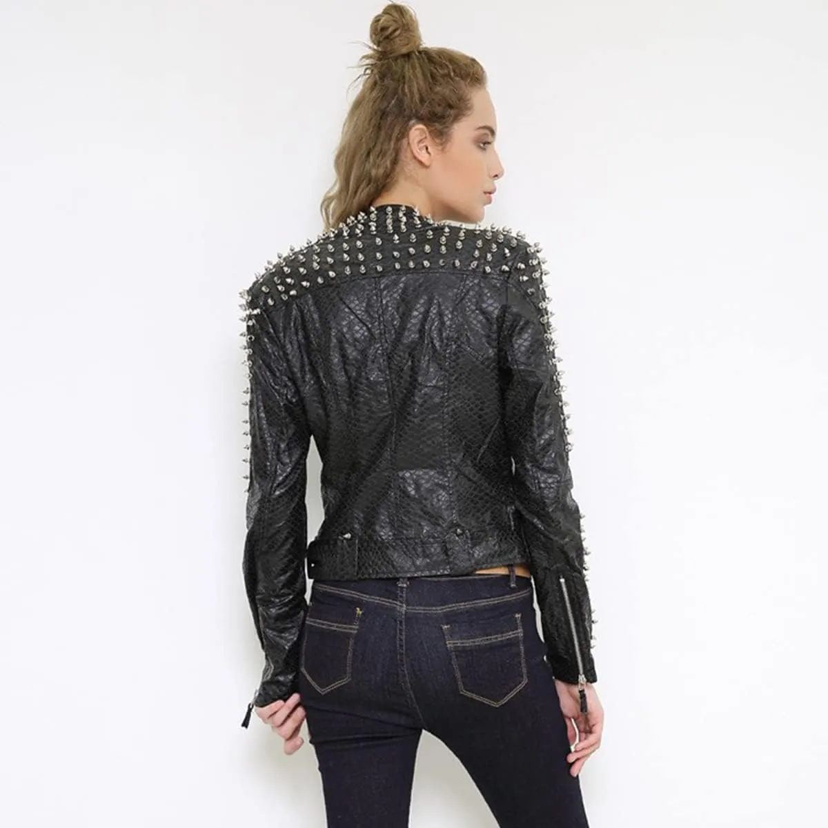 Fashion SX Women's Punk Studded Rivet Faux Leather Motorcycle Short Jacket