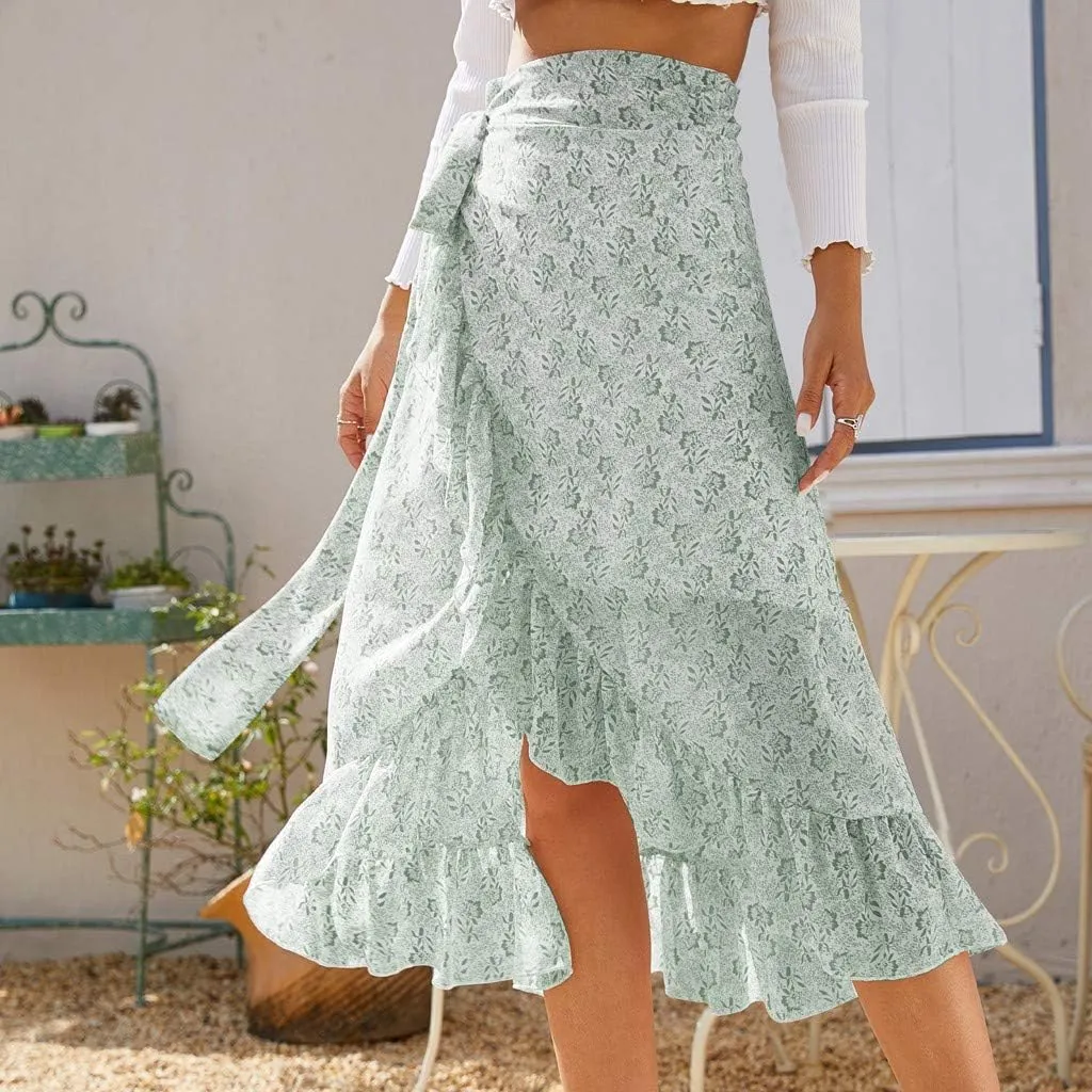 Fashion Women Floral Chiffon Skirt Casual Belt Skirt Irregular Hem Split Elastic Waist Midi Skirts Ruffle Pleated
