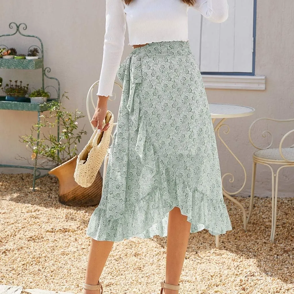 Fashion Women Floral Chiffon Skirt Casual Belt Skirt Irregular Hem Split Elastic Waist Midi Skirts Ruffle Pleated