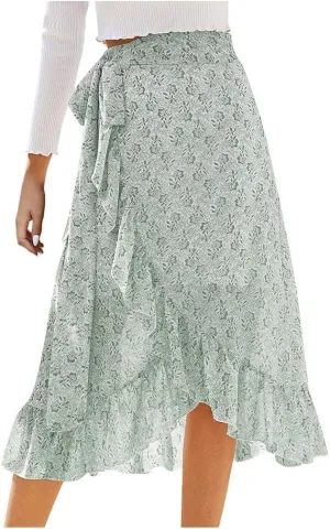Fashion Women Floral Chiffon Skirt Casual Belt Skirt Irregular Hem Split Elastic Waist Midi Skirts Ruffle Pleated