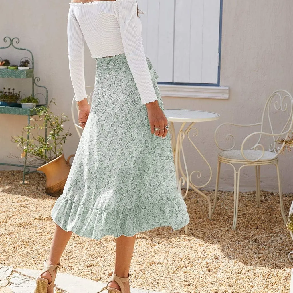 Fashion Women Floral Chiffon Skirt Casual Belt Skirt Irregular Hem Split Elastic Waist Midi Skirts Ruffle Pleated