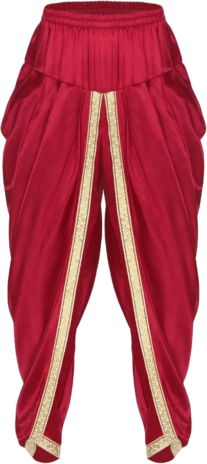 FEESHOW Men's Elastic Waist Harem Pants Dhoti Pants Baggy Palazzo Trousers Arabian Prince Costume