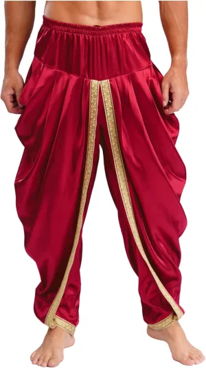 FEESHOW Men's Elastic Waist Harem Pants Dhoti Pants Baggy Palazzo Trousers Arabian Prince Costume
