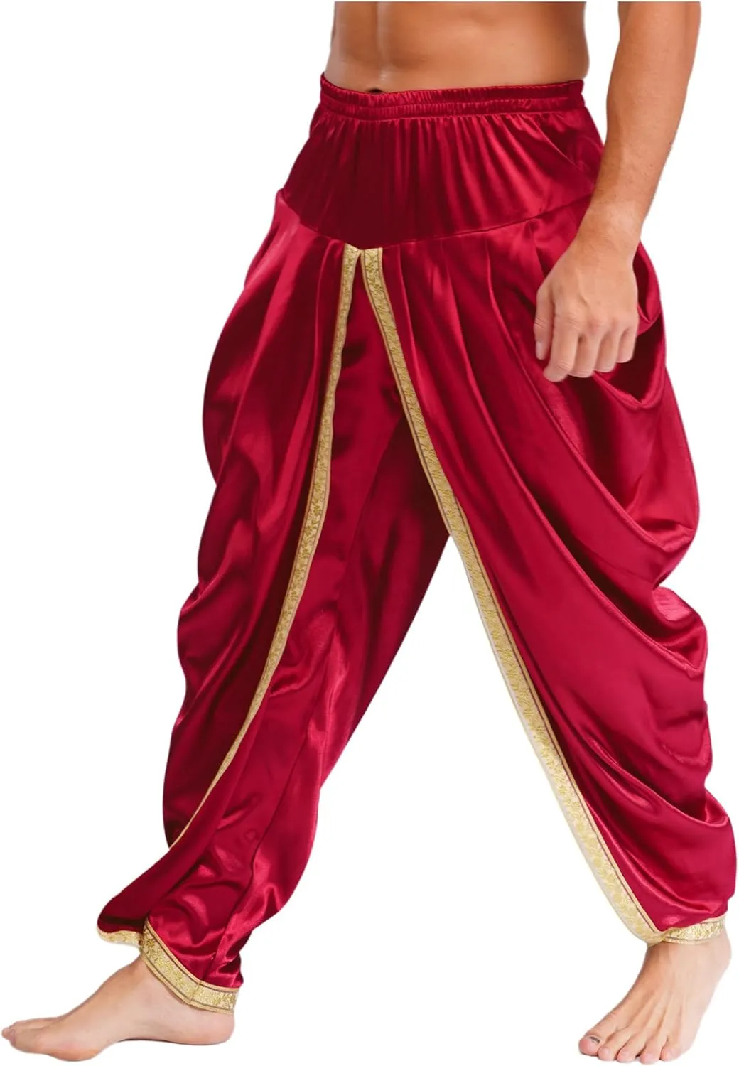 FEESHOW Men's Elastic Waist Harem Pants Dhoti Pants Baggy Palazzo Trousers Arabian Prince Costume