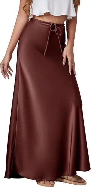 FEOYA Silk Skirt for Women Elegant High Waisted A Line Satin Skirts Midi Bodycon Skirt