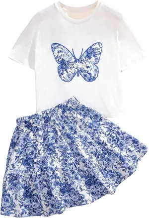 Floerns Girl's 2 Piece Outfit Butterfly Print T Shirt Floral Boho Skirts Set