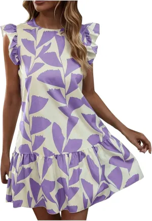 Floral Sundresses for Women 2024 Boho Drawstring V Neck Print Ruffle Sleeves Casual Beach Mini Vacation Sundress