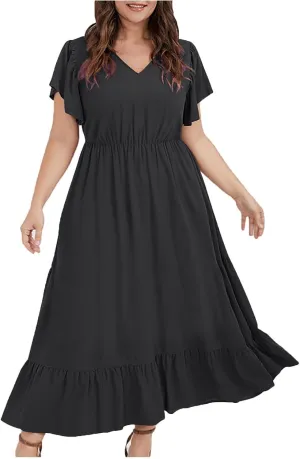 Flowy Dresses for Women V Neck Cinch Waist Ruffle Short Sleeve Dress Trendy Summer Layered Tiered A Line Sundress