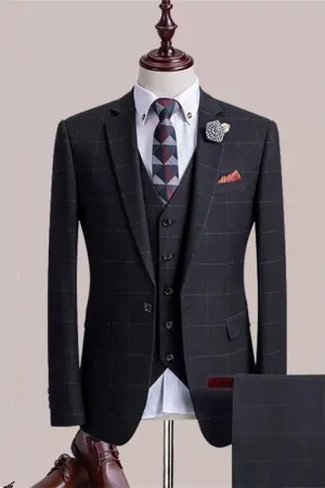 Formal Black Notched Lapel Plaid Business Suits Three Pieces Prom Suits
