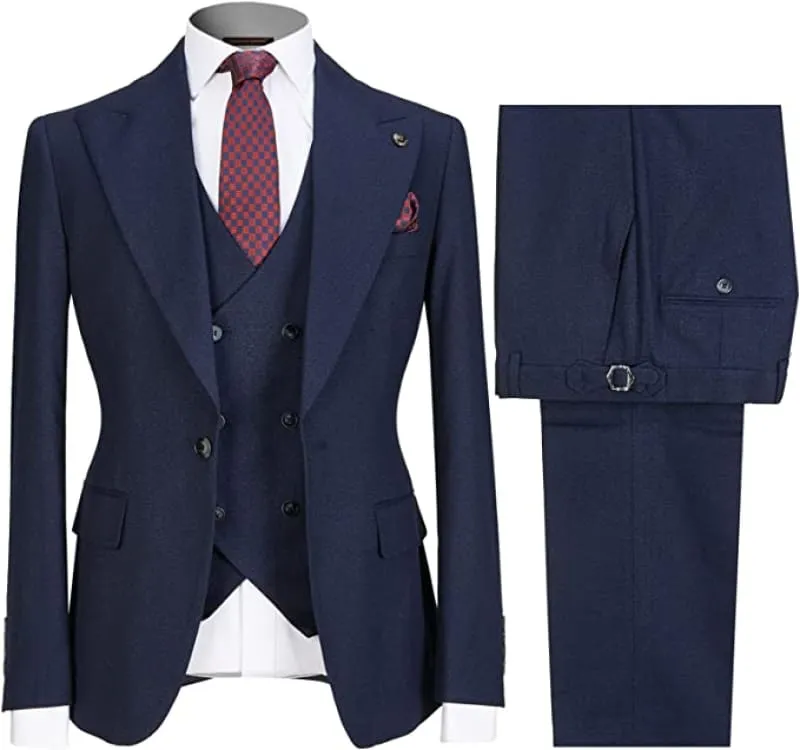 Formal Navy Blue Three Pieces Men Business Suits with Peaked Lapel
