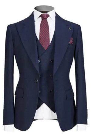 Formal Navy Blue Three Pieces Men Business Suits with Peaked Lapel