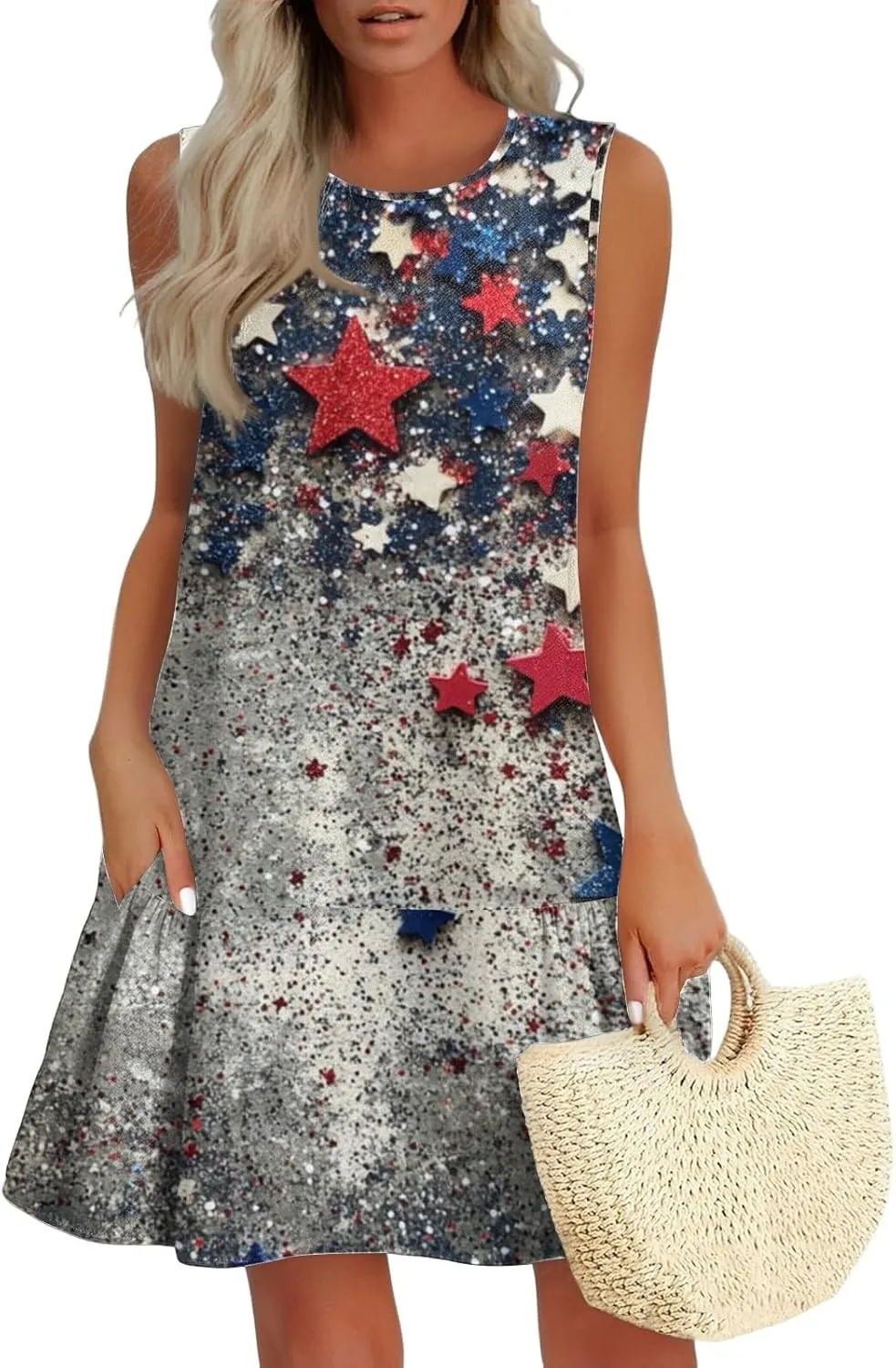 Fourth of July Dresses for Women Summer Red White and Blue Patriotic Dress Knee Length Aline Sleeveless Tank Dress