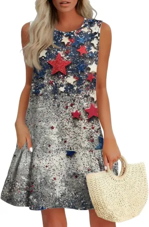 Fourth of July Dresses for Women Summer Red White and Blue Patriotic Dress Knee Length Aline Sleeveless Tank Dress