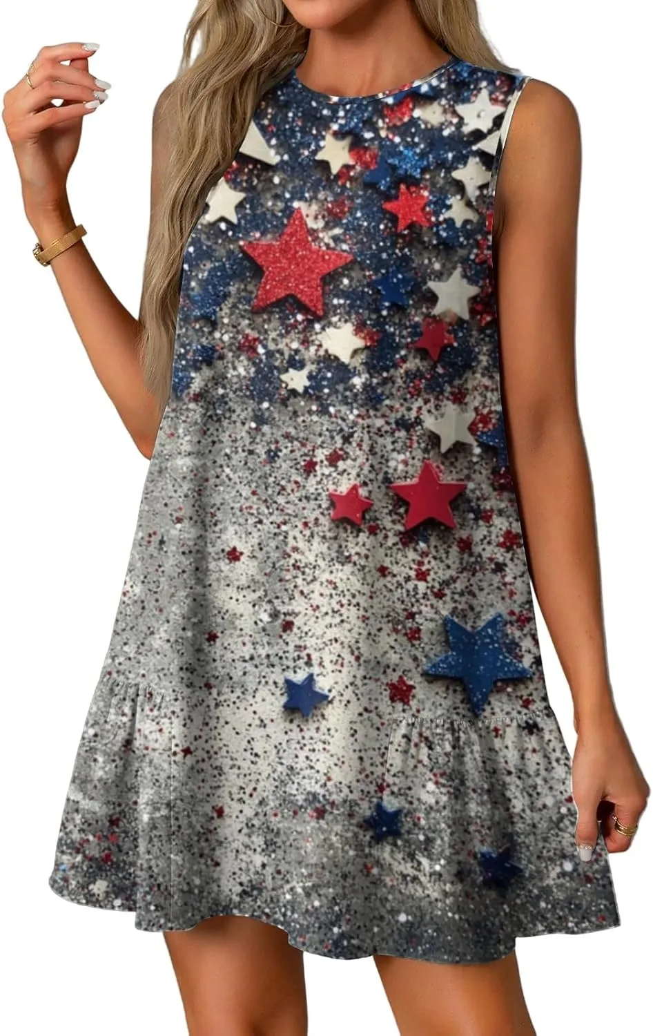 Fourth of July Dresses for Women Summer Red White and Blue Patriotic Dress Knee Length Aline Sleeveless Tank Dress