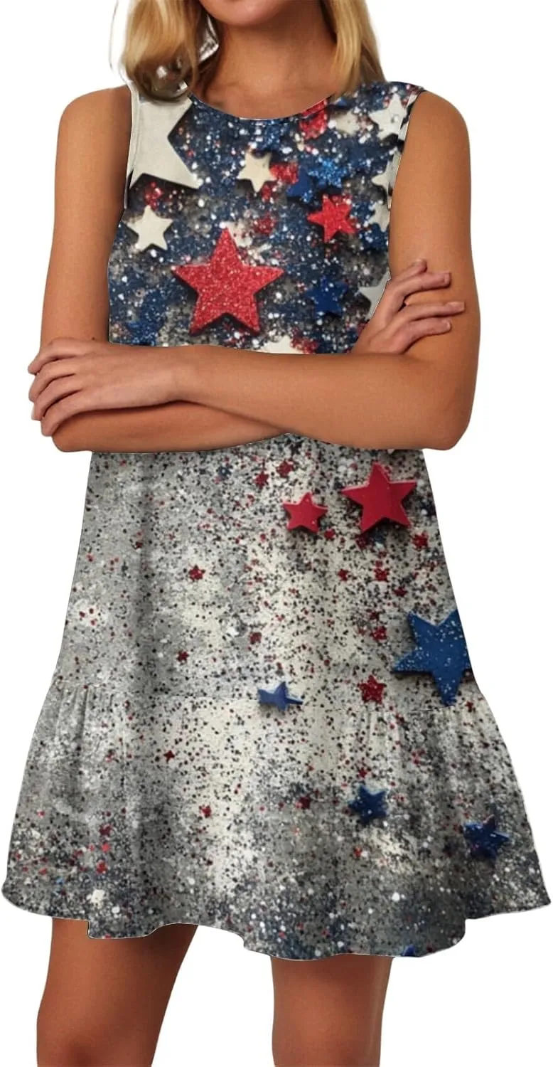 Fourth of July Dresses for Women Summer Red White and Blue Patriotic Dress Knee Length Aline Sleeveless Tank Dress