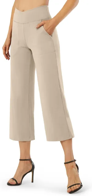 G4Free Capri Pants for Women Wide Leg Yoga Dress Capris with Pockets Cross Loose Casual Work Crop Pants