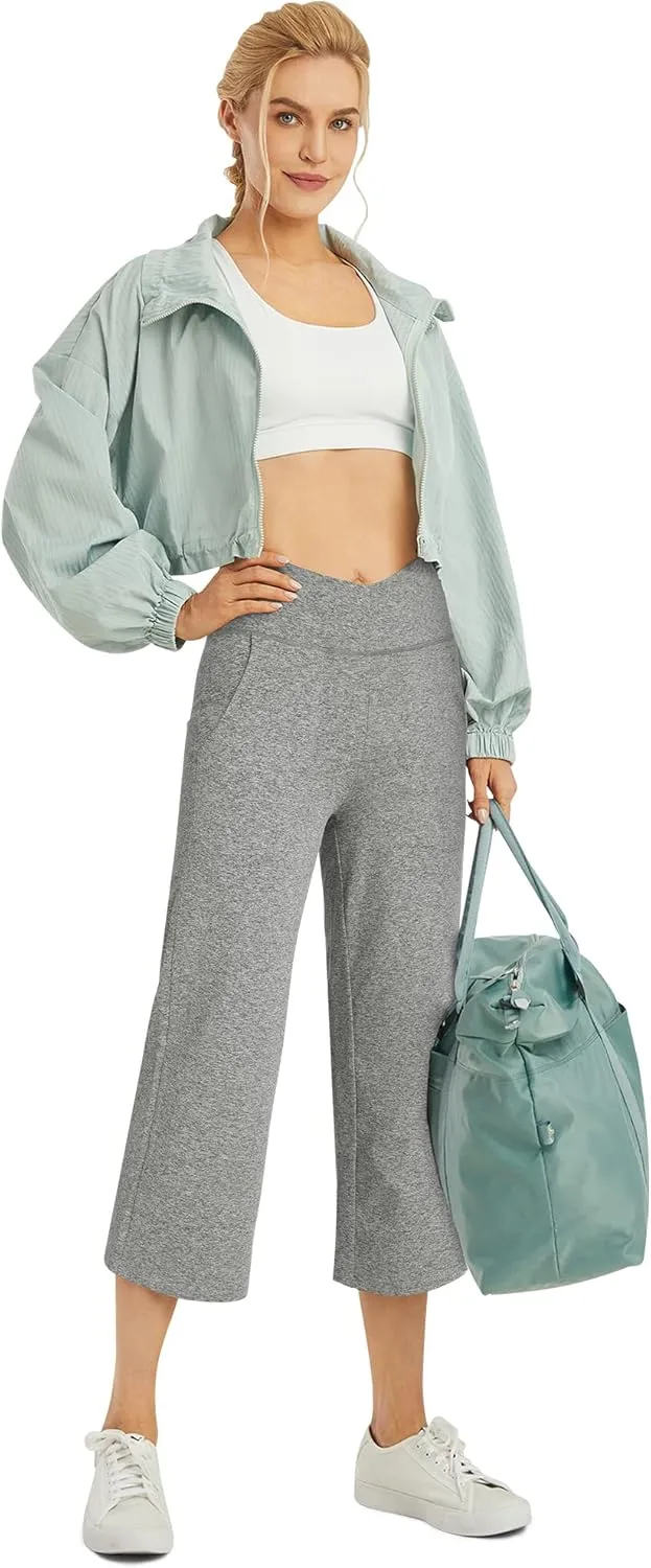 G4Free Capri Pants for Women Wide Leg Yoga Dress Capris with Pockets Cross Loose Casual Work Crop Pants