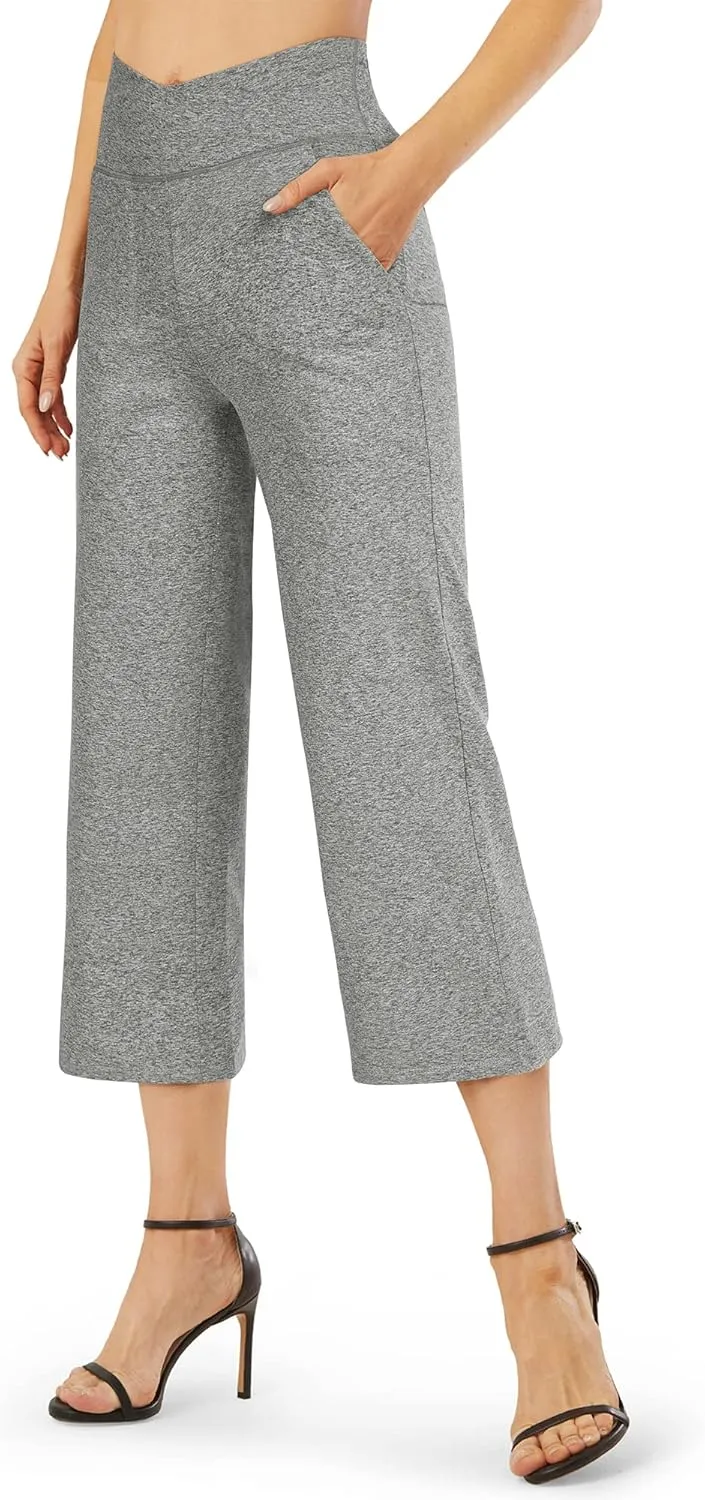 G4Free Capri Pants for Women Wide Leg Yoga Dress Capris with Pockets Cross Loose Casual Work Crop Pants