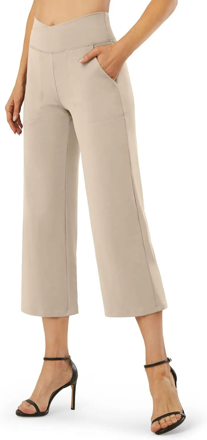 G4Free Capri Pants for Women Wide Leg Yoga Dress Capris with Pockets Cross Loose Casual Work Crop Pants