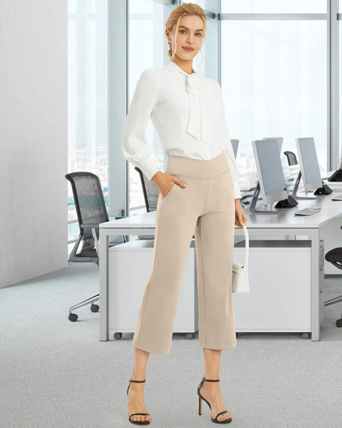 G4Free Capri Pants for Women Wide Leg Yoga Dress Capris with Pockets Cross Loose Casual Work Crop Pants