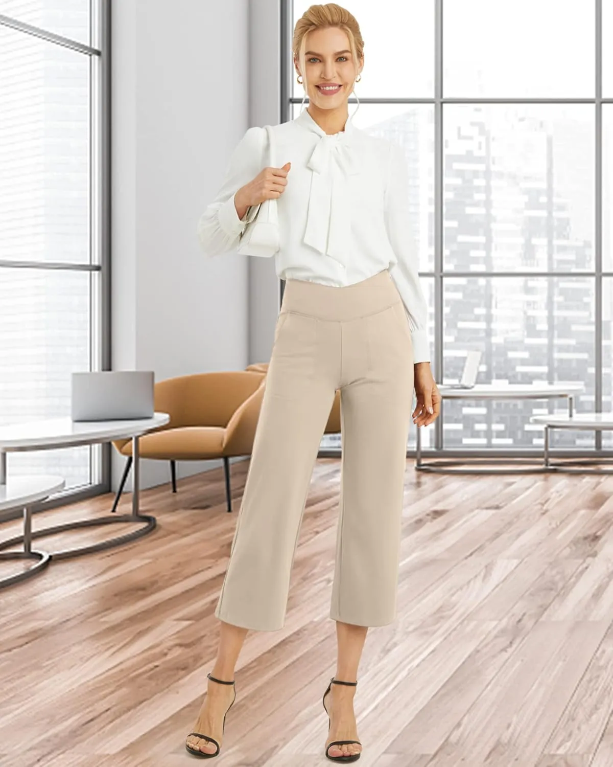 G4Free Capri Pants for Women Wide Leg Yoga Dress Capris with Pockets Cross Loose Casual Work Crop Pants