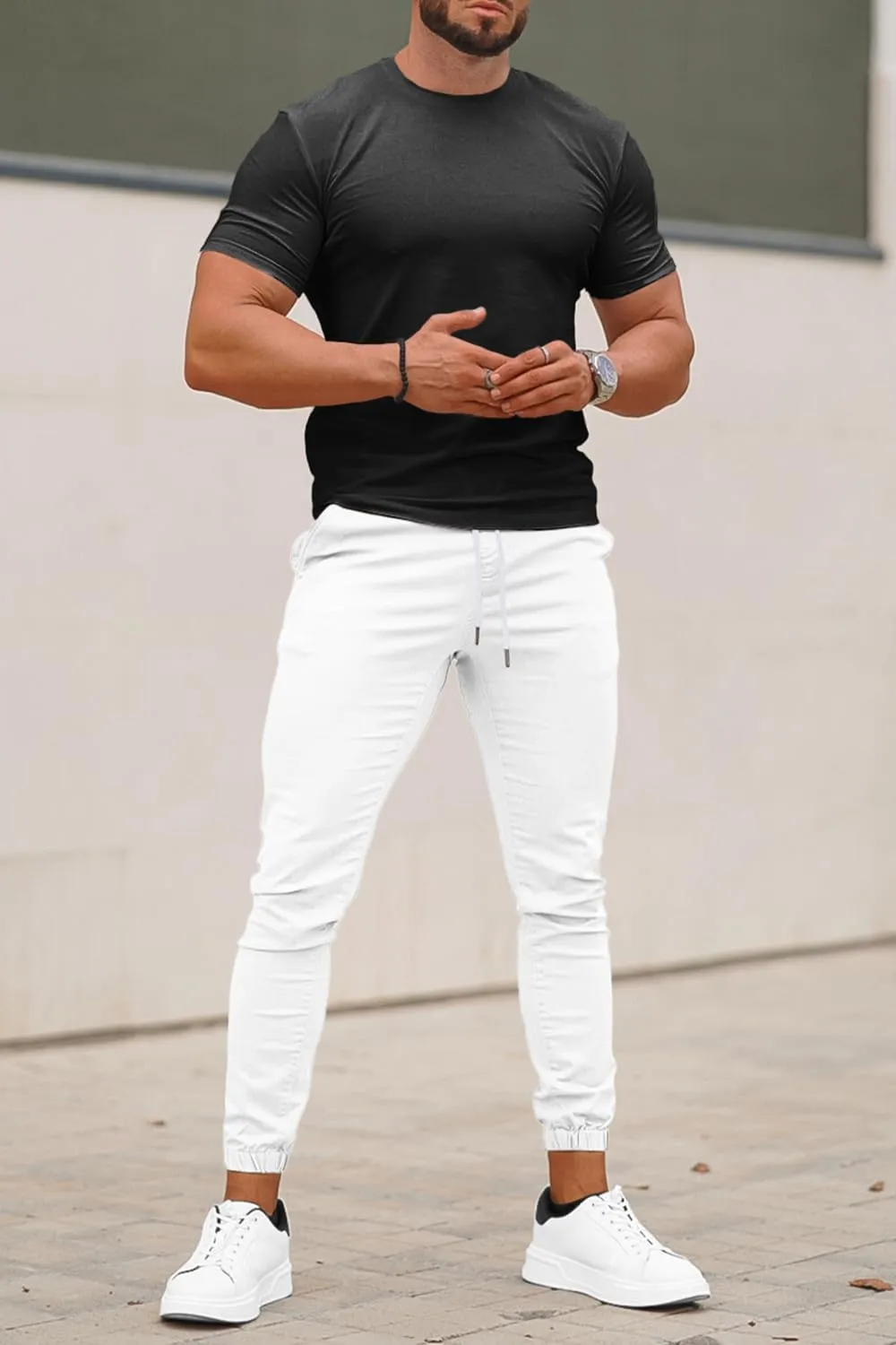 GINGTTO Mens Slim Fit Joggers Short Length Fitted Stretch Pants Elastic Waist Drawstring Tapered Leg