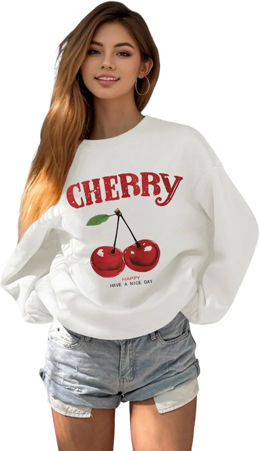 GORGLITTER Women's Cherry Sweatshirt Crewneck Long Sleeve Cute Oversized Pullover Top