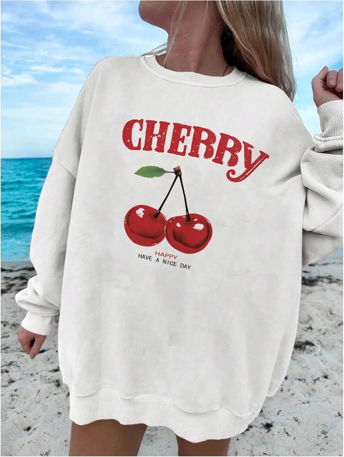GORGLITTER Women's Cherry Sweatshirt Crewneck Long Sleeve Cute Oversized Pullover Top