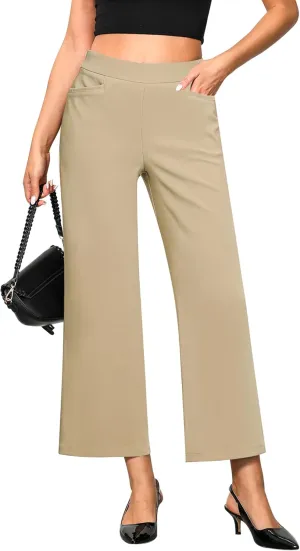 GRAPENT Cropped Pants for Women Trendy Business Casual High Waisted Pull On Wide Leg Stretchy Dress Pants with Pockets