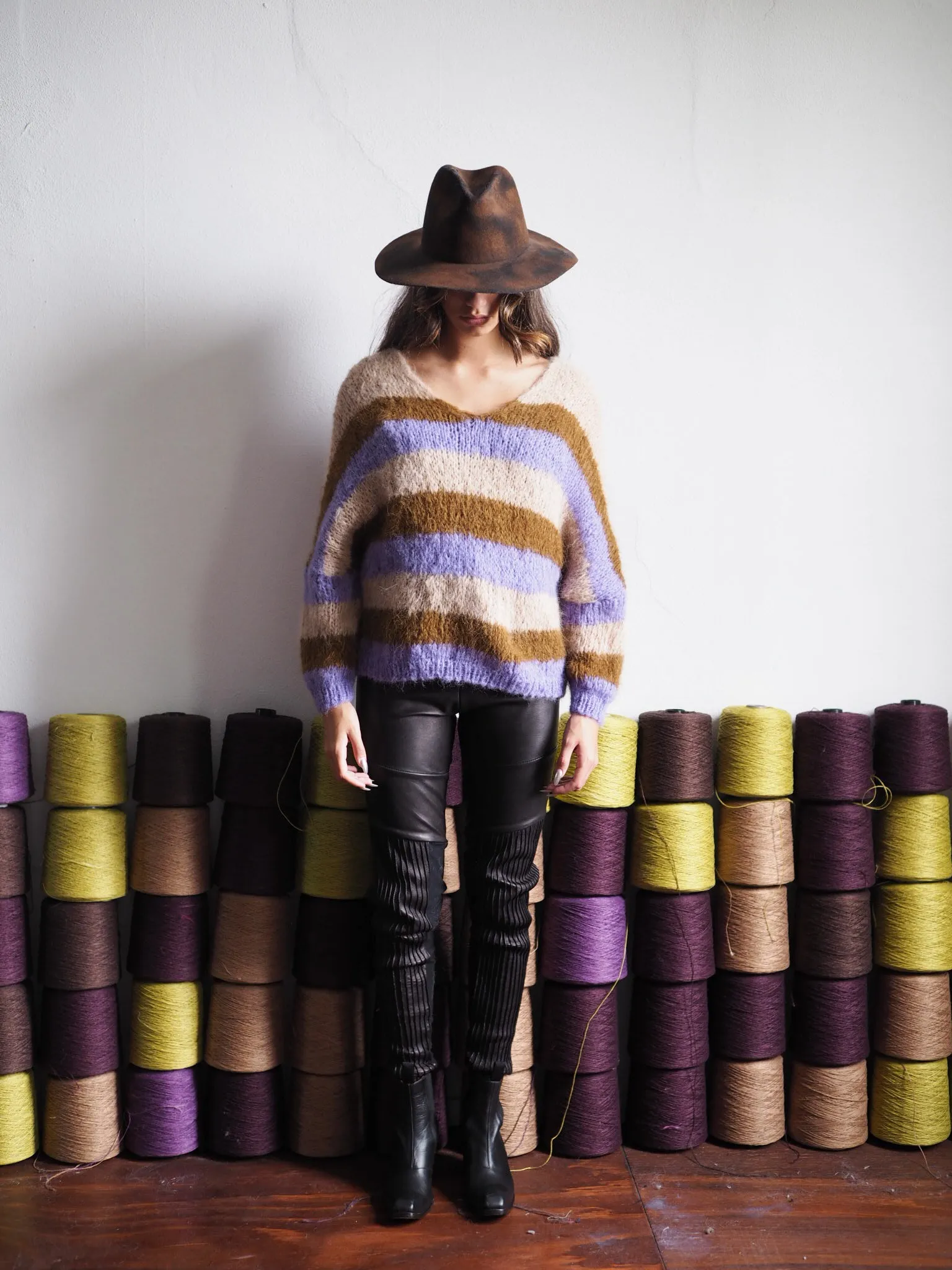 Hand knit batwing V neck sweater (Alpaca) Grey stripe