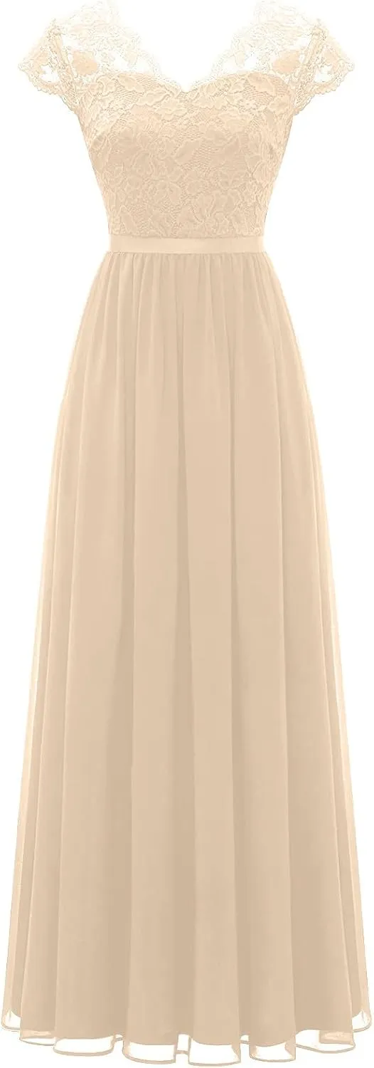 HGps8w Womens Lace Tulle A Line Evening Formal Dress - Elegant V Neck Maxi Long Bridesmaid Dresses Party Prom Gown