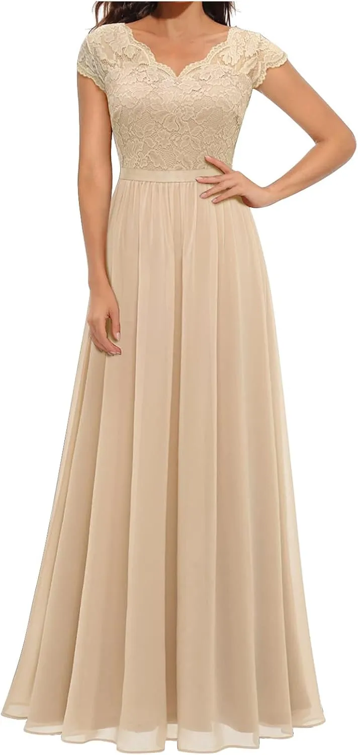 HGps8w Womens Lace Tulle A Line Evening Formal Dress - Elegant V Neck Maxi Long Bridesmaid Dresses Party Prom Gown