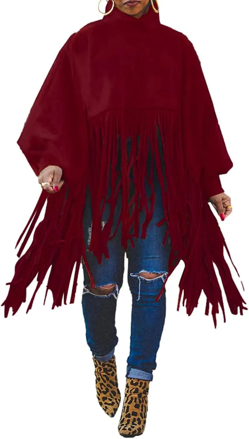 Honganda Fashion Women's Tassel Poncho Coat, Turtleneck Pullover Batwing Sleeve Shawl Fringe Top Cape Cloak