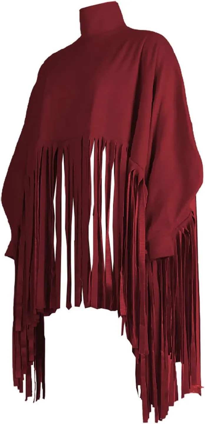 Honganda Fashion Women's Tassel Poncho Coat, Turtleneck Pullover Batwing Sleeve Shawl Fringe Top Cape Cloak