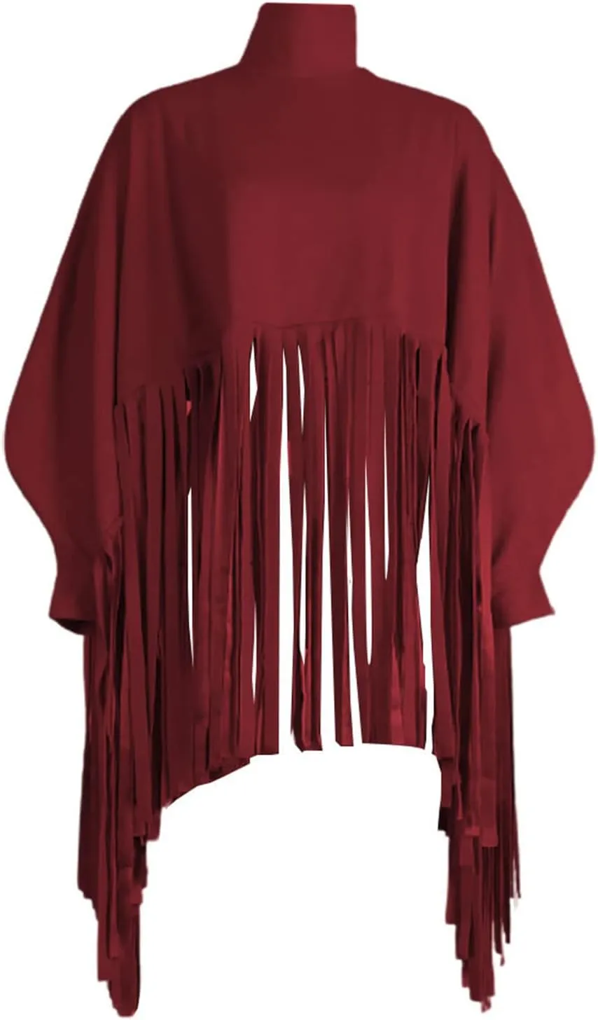 Honganda Fashion Women's Tassel Poncho Coat, Turtleneck Pullover Batwing Sleeve Shawl Fringe Top Cape Cloak