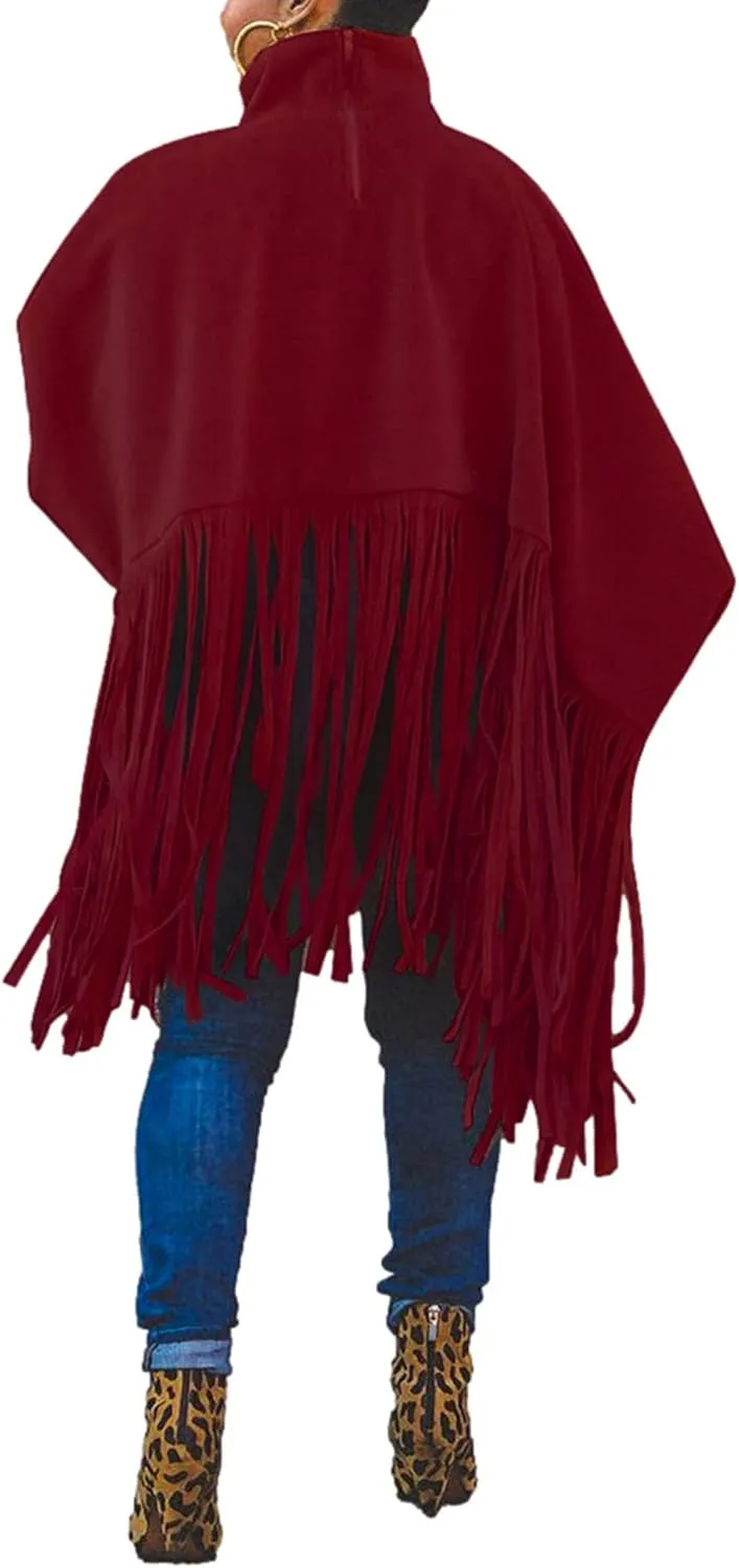 Honganda Fashion Women's Tassel Poncho Coat, Turtleneck Pullover Batwing Sleeve Shawl Fringe Top Cape Cloak