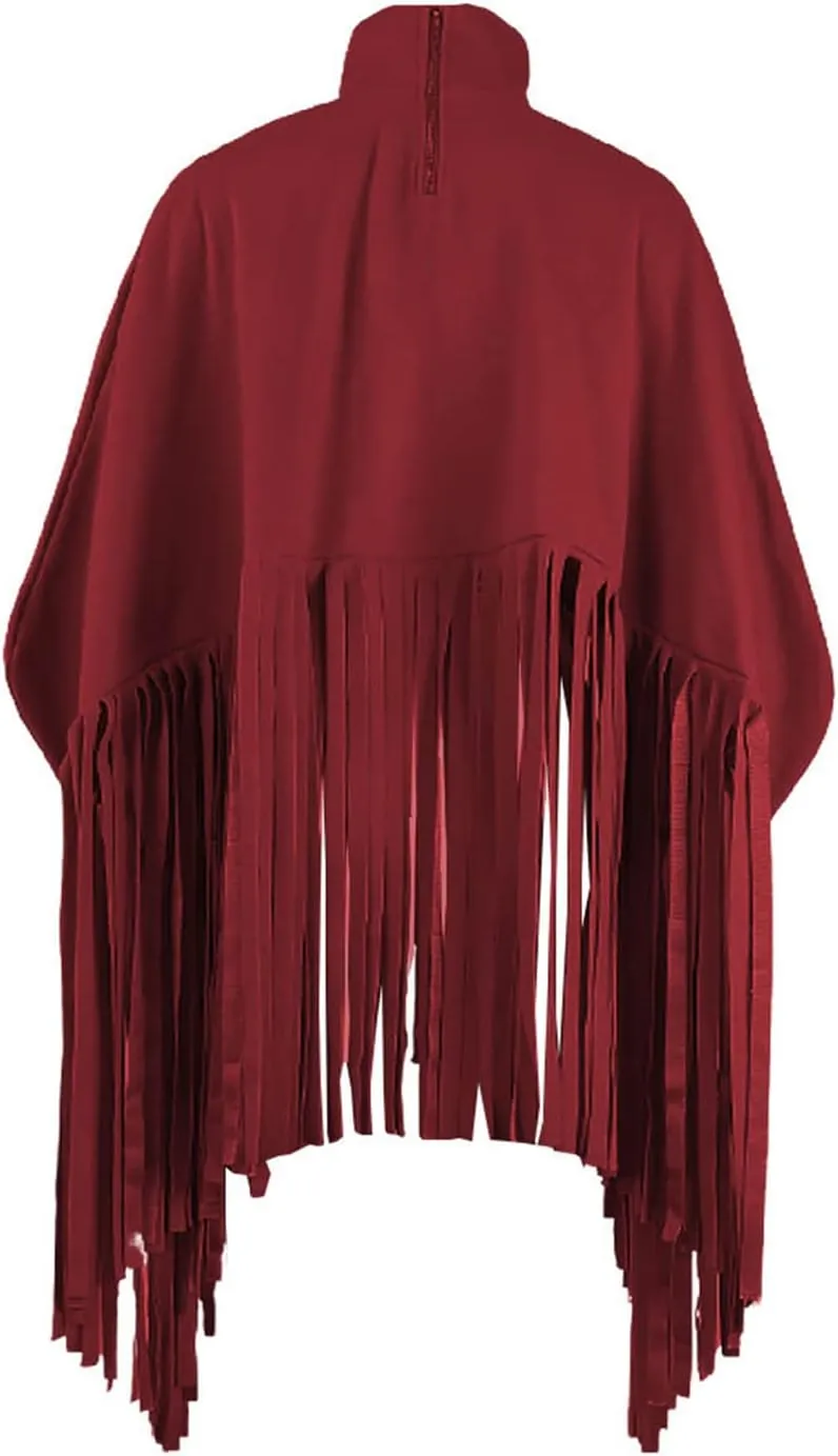 Honganda Fashion Women's Tassel Poncho Coat, Turtleneck Pullover Batwing Sleeve Shawl Fringe Top Cape Cloak