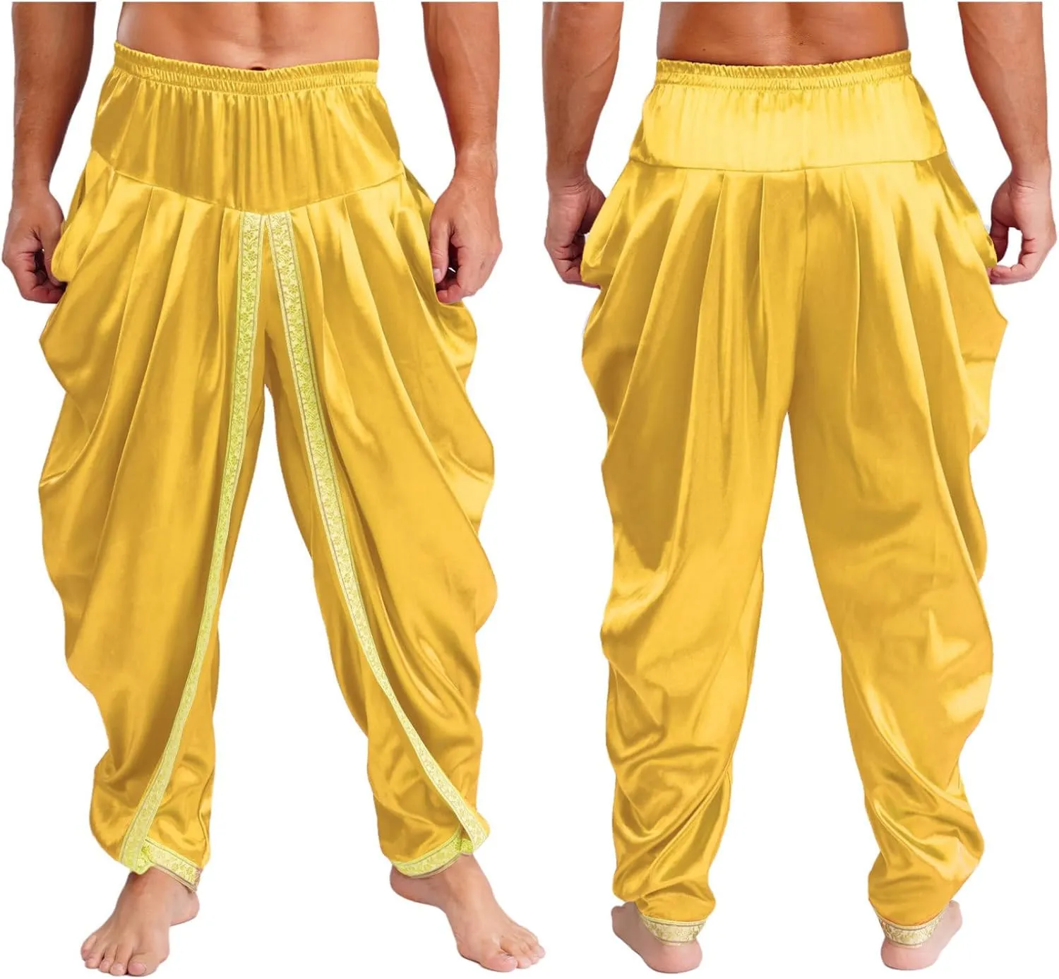 Hularka India Satin Dhoti for Men Elastic Waistband Ruffle Pants Draped Hippie Yoga Trousers Harem Baggy Pant
