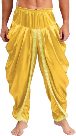 Hularka India Satin Dhoti for Men Elastic Waistband Ruffle Pants Draped Hippie Yoga Trousers Harem Baggy Pant
