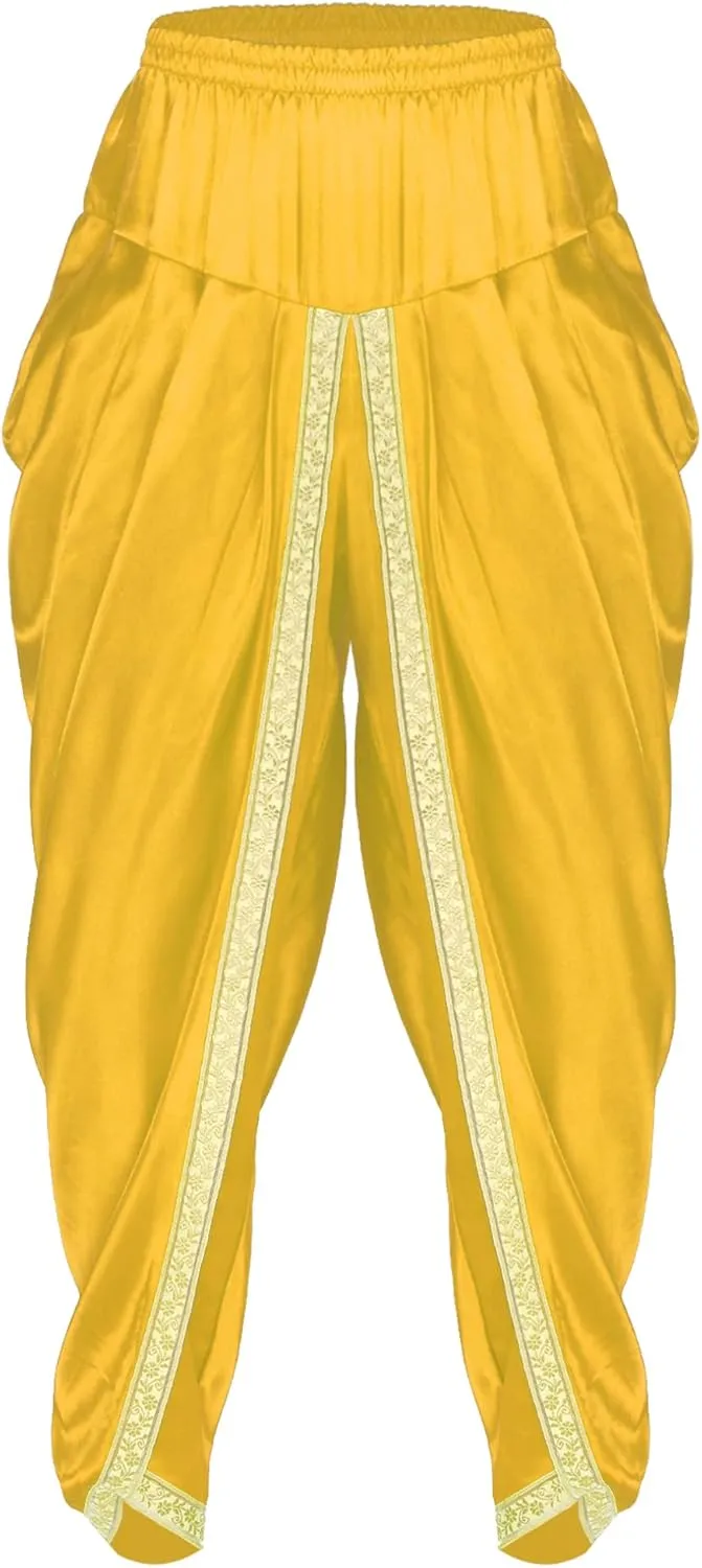 Hularka India Satin Dhoti for Men Elastic Waistband Ruffle Pants Draped Hippie Yoga Trousers Harem Baggy Pant