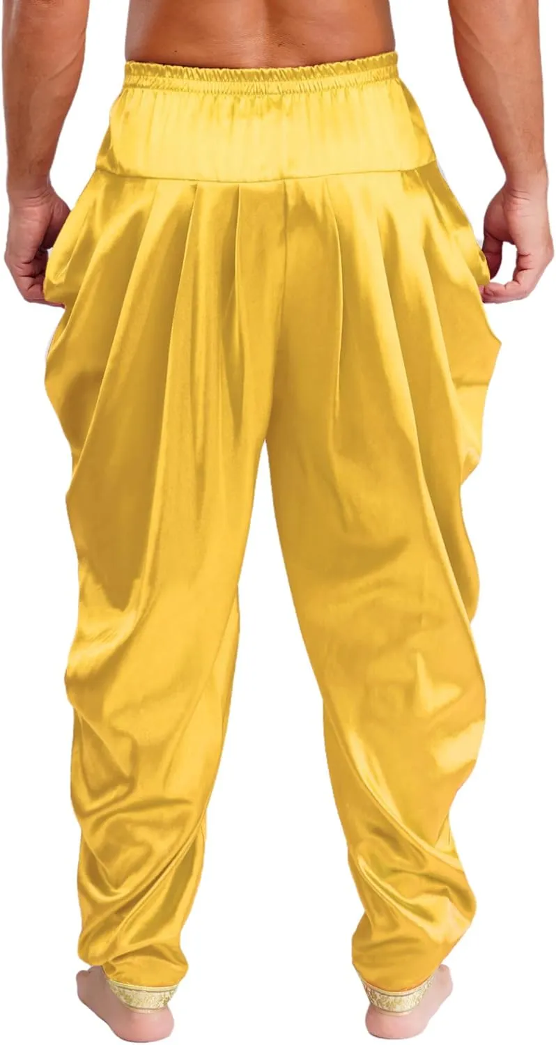 Hularka India Satin Dhoti for Men Elastic Waistband Ruffle Pants Draped Hippie Yoga Trousers Harem Baggy Pant