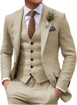 HUUTOE Mens 3 Piece Linen Slim Fit Suits for Men Beach Wedding Summer Prom Casual Grooms Blazer Pants and Vest Suit Set
