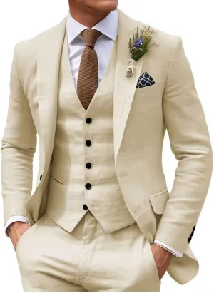 HUUTOE Mens 3 Piece Linen Slim Fit Suits for Men Beach Wedding Summer Prom Casual Grooms Blazer Pants and Vest Suit Set
