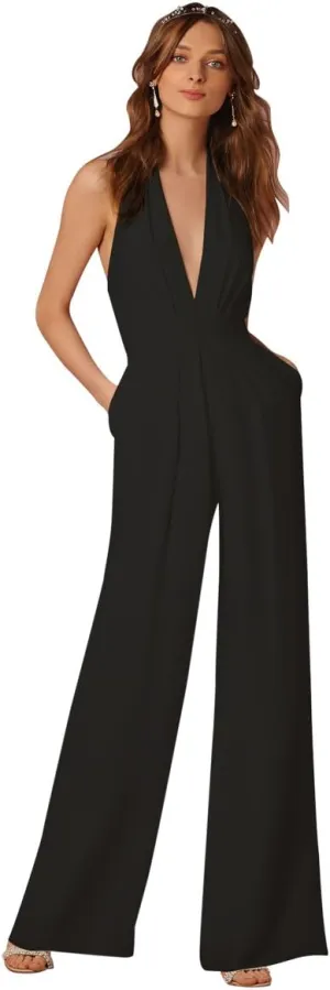 IBTOM CASTLE Women's Sexy High Waisted Jumpsuits V-NeckHalter Wide Leg Long Pants Wedding Rompers Overalls Pockets