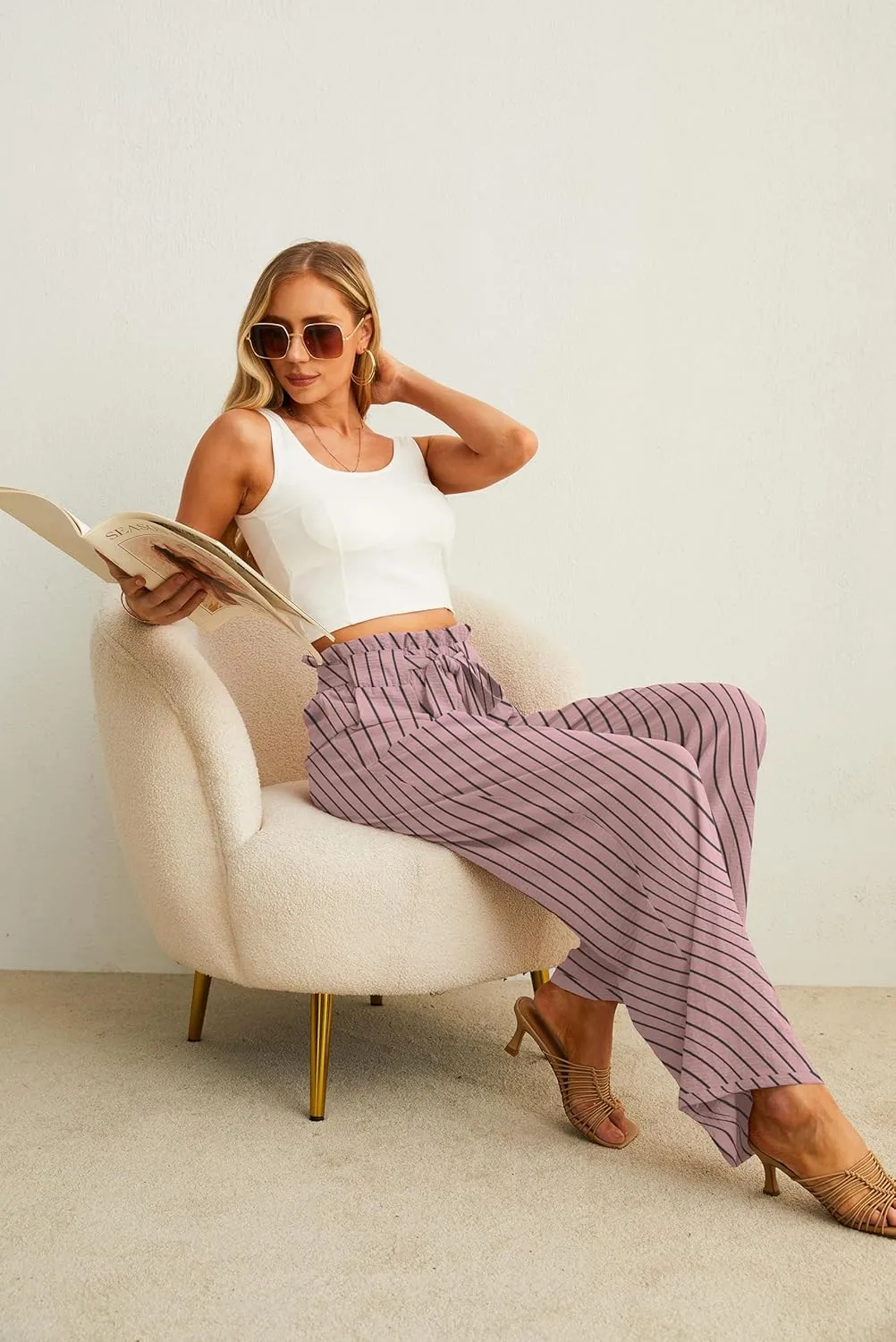 IWOLLENCE Women's Wide Leg Pants with Pockets High Waist Adjustable Knot Loose Casual Trousers Business Work Casual Pants