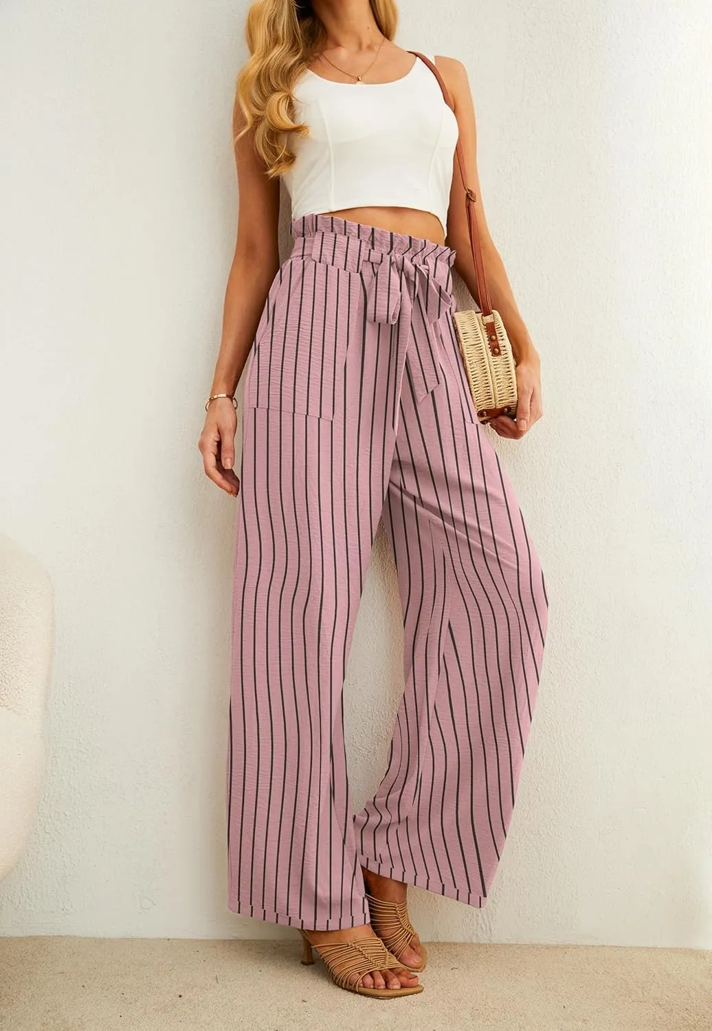IWOLLENCE Women's Wide Leg Pants with Pockets High Waist Adjustable Knot Loose Casual Trousers Business Work Casual Pants
