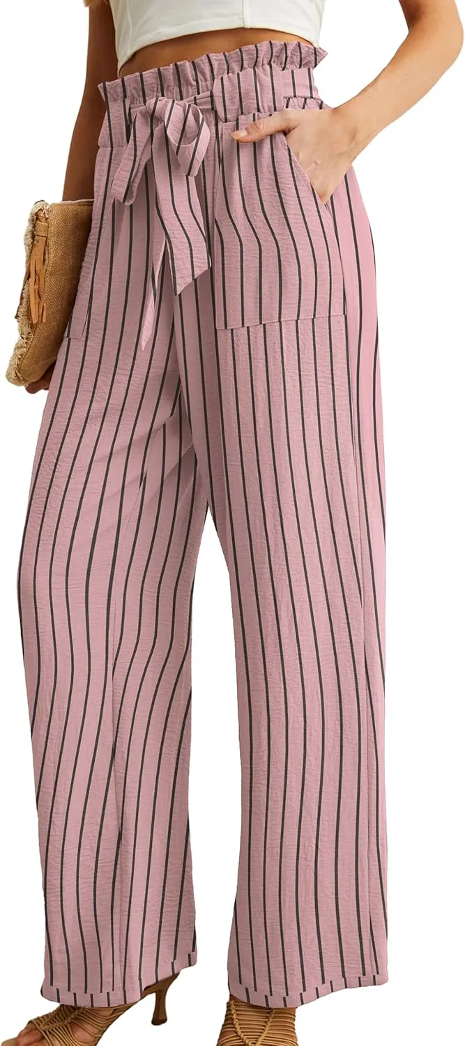 IWOLLENCE Women's Wide Leg Pants with Pockets High Waist Adjustable Knot Loose Casual Trousers Business Work Casual Pants